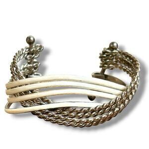 Vintage Wide Multi-Wire Statement Cuff Bracelet Cream & Silver Tone Braided Wire